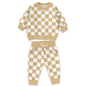 2T yellow and white French terry checkered toddler sweater set!